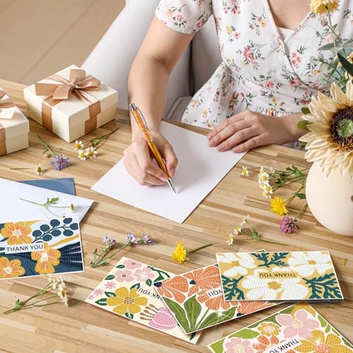 Saillong 12 Pack Thank You Diamond Painting Greeting Card Kit DIY Spring Flower Diamond Art Cards with Envelope Teacher Appreciation Gift 5D Rhinestones Painting Making Kit for Adult Teacher DIY Craft