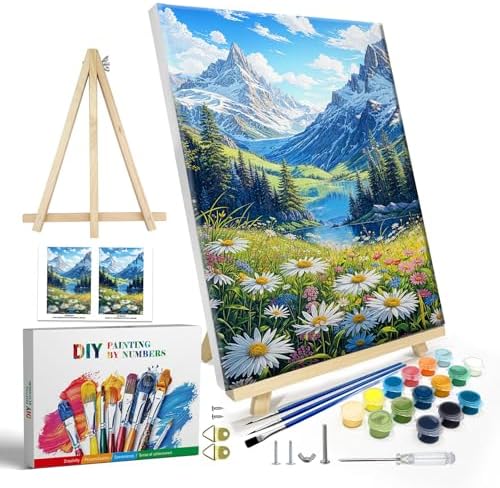 JOOZ Mountain Paint by Numbers Kit for Adults with Frame, Landscape Paint by Number with Easel, DIY Landscape Flower Adult Paint by Number Kits Framed Canvas for Home Wall Decor 8 x 12 Inch