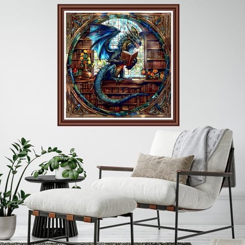 Dimensean Counted Cross Stitch Kit for Beginners, 11CT Unprinted Cross-Stitch Kit Easy Patterns Needlepoint Kit Cross Stitching Embroidery Kit Supplies-Dragon Reading on the Bookshelf 18x18 inch