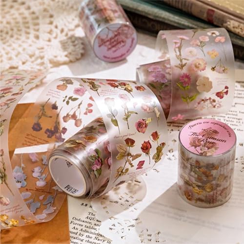 PET Tape Stickers for Journaling 6 Rolls Flower Washi Tape Stickers Decorative Tape for Crafts Scrapbooking Junk Journal Supplies, Endless Flowers