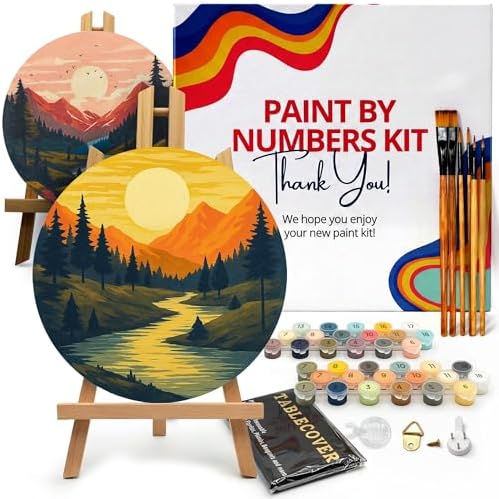KularStock Couples Paint by Numbers Kit for Adults, Date Night Painting Kit, 2 Pack Framed Round Canvases with Easels, DIY Paint Kit for Two Adults, Beginner Acrylic Painting Set