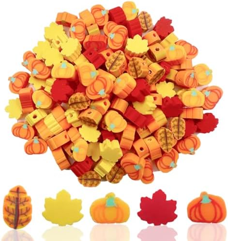 Polymer Clay Fall Pumpkin Maple Loose Spacer Beads, 10mm Thanksgiving Autumn Maple Leaves Pumpkin Beads Charms for DIY Hair Clip Necklace Bracelet Jewelry Earring Handmade Craft Making