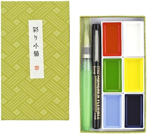 Kuretake Irodori Kobako Green Watercolor Paint Set, 6 Colors, Made in Japan