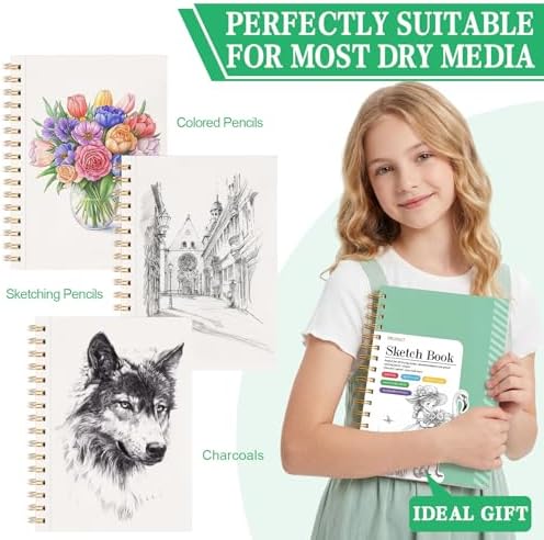 5.5×8.5In Sketch Book for Kids, 100gsm Spiral Sketchbook for Drawing, Green | 90 Sheets Acid-Free Drawing Paper with Pencils, Tear-Out Pages, for Drawing & Sketching, idea for Back-to-School Gifts