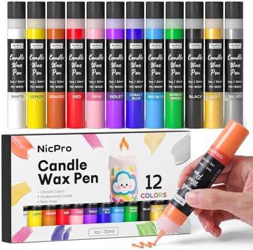 Nicpro Candle Wax Pen, 12 Colors 3D Candle Paint Include Glitter Silver Gold, Non-Toxic Candle Making & Painting Kit, Vibrant Colors Wax Paint for Crafts DIY Birthday Holidays Wedding Party 1-oz(30ml)