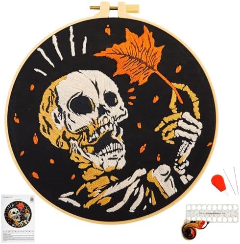Crafmanoe Halloween Gothic Embroidery Starter Kit for Beginners Adults, Skull Skeleton Stamped Cross Stitch Kits for Beginners Adults, Funny Fall Hand Embroidery Needlepoint Kits with Video Tutorial