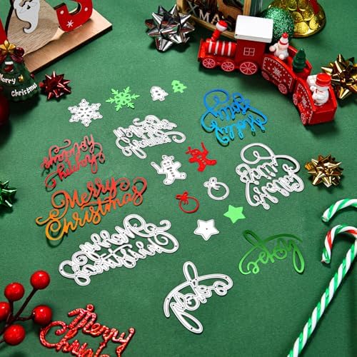 21 Pieces Christmas Die Cuts Words Cutting Dies Christmas Snowflake Tree Bell Snowman Gingerbread Cut Stencils for Xmas Scrapbooking Card Album Craft Making Supplies