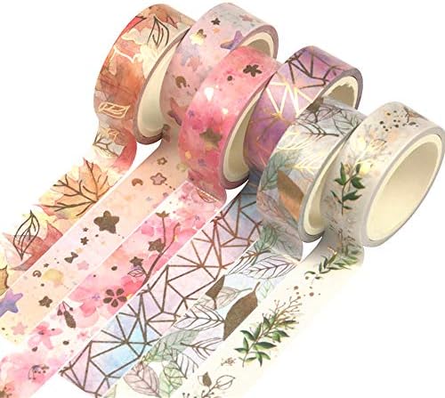 YUBBAEX Floral Gold Washi Tape Set 6 Rolls VSCO Foil Masking Tape Decorative for Arts, DIY Crafts, Journal Supplies, Planners, Scrapbook, Card/Gift Wrapping -15mm- (Romantic Flowers)