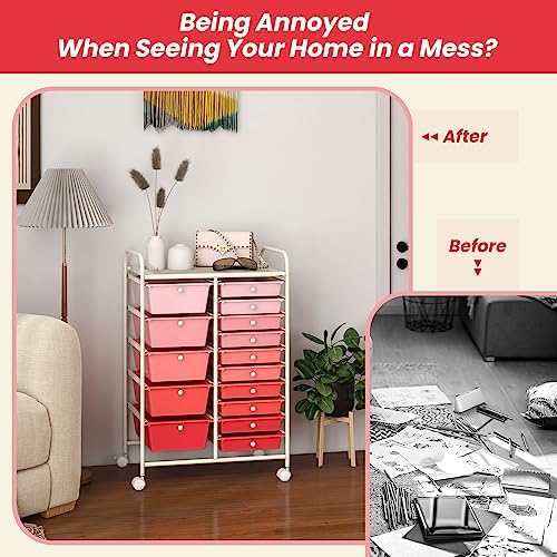 GOFLAME 15-Drawer Rolling Storage Cart, Craft Storage Cart with Removable Drawers & Lockable Wheels, Art Cart Supply Storage Organizer for Home Office Classroom, Pink Gradient