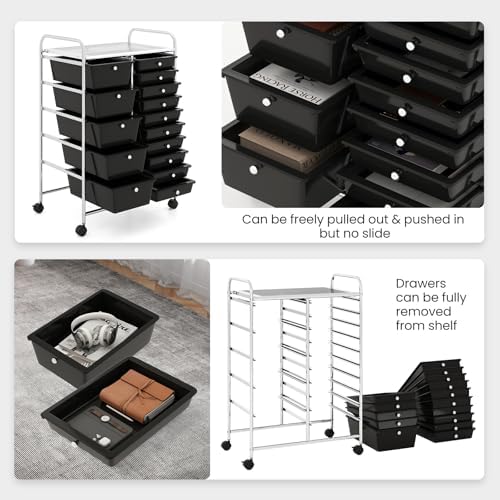 Giantex 15 Drawer Rolling Storage Cart Tools Scrapbook Paper Office School Organizer, Black