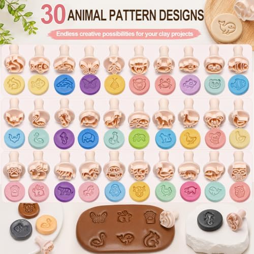 30 Pcs Animal Pattern Clay Modeling Stamp Set with 72-Character Letter Stamps and Storage Box, Animal Pattern Stamps for Polymer/Ceramic Clay, Pottery Craft, Cookie and Jewelry Making