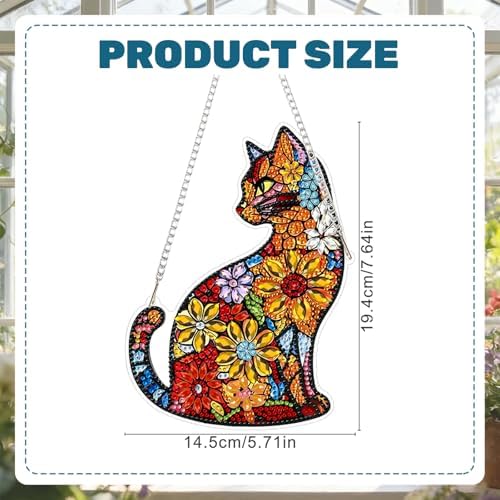 CRZMODE Cat Diamond Art Hanging Kit for Adults, Flower Cat Pendant Diamonds Painting Art Kit, Special Crystal Diamond Art Painting Pendant Ornament, Craft Gift for Women Home Window Decor