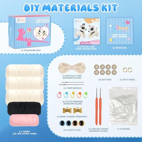 Gipony Crochet Kit for Beginners Animal,Crochet Animal Kits,Crocheting Kit for Starters,Learn to Crochet with Step-by-Step Video Tutorials,Beginner Crochet Kits Adults(2 Pack Bull Terrier)