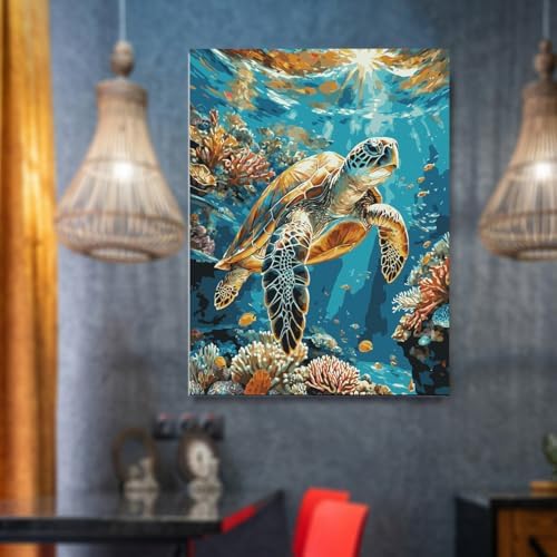 Lovepefe Sea Turtle Paint by Numbers Kit for Adults with Framed Oil Painting Kit Beginner Turtle DIY Painting Kits for Adults Paint By Number On Canvas for Gift Home Wall Decor 12x16 Inch