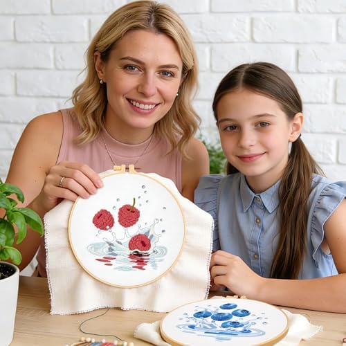 Armindou 2Set Embroidery Kits with Fruit Pattern for Beginners Adults, Hand Embroidery Needlepoint DIY Kits, Stamped Cross Stitch Kits for Beginners Adult, 2 Embroidery Hoops (Attached Video Tutorial)