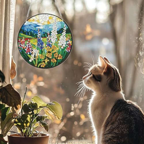 Stained Glass Flowers Diamond Art Hanging Kit for Adults, Flowers Pendant Diamonds Painting Art Kit, Special Crystal Diamond Art Painting Pendant Ornament, Craft Gift for Women Home Window Decor