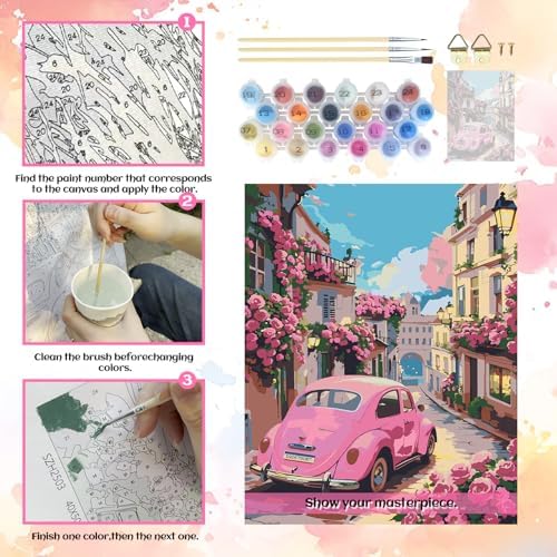 Vintage Pink Car Paint by Numbers for Adults, 16x20" DIY Rose Floral Kit