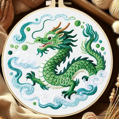 FREEBLOSS 4 Sets Embroidery Kit for Beginners Needlepoint Dragon&Cloud Stamped Embroidery Starter Kit with Instructions, Needles, Threads, 2 Hoops 11.6"/29.5CM