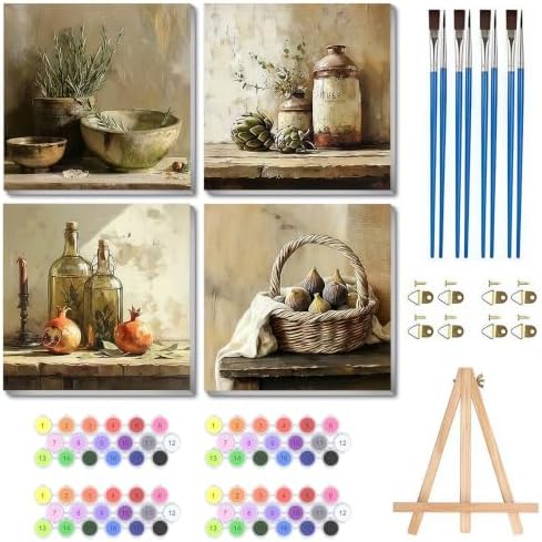 4 Pack Framed Retro Paint by Numbers Kits for Adults with Easel (8x8in)