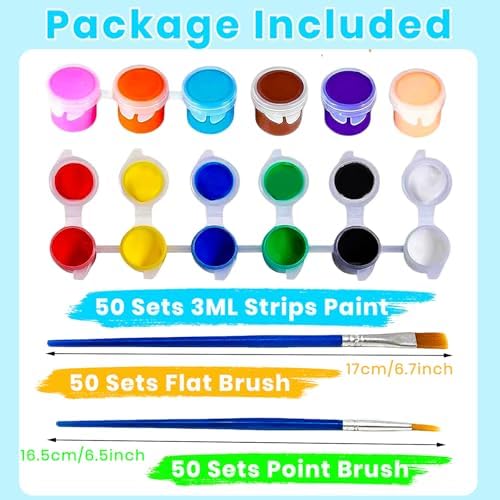 50 Pack Mini Acrylic Paint Set, 12 Colors Washable Acrylic Paint Strips with 100Pcs Painting Brushes for Kids&Adults Paint, 700PCS Kids Painting Kit for Birthday Party Favor, Classroom, Art Gift
