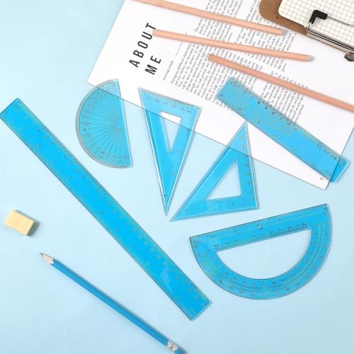 Tenare 6 Pcs Math Geometry Ruler Set, Protractor Triangle School,Blue