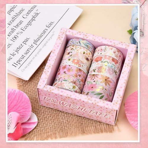 Washi Tape Set, Floral Washi Stickers, 12 Rolls Assorted Sizes, for Junk Journal Scrapbook Tape, Bullet Journaling Scrapbooking Supplies, Planner Sticker DIY Craft DéCor (Pink)