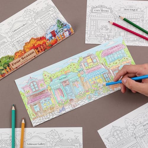 Birthday Coloring Cards, 4 Unique Blank Greeting Card Set with Streetscape, Season&Storefront, DIY Art Craft for Kids, Adults, Holiday Gift Ideas for Mom, Friends, Thank You&Greeting Card Collection