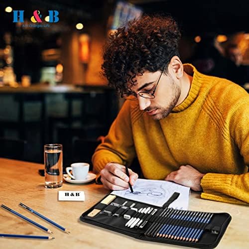H & B 33 Pieces Drawing Pencils Set, Sketching Pencils Set & Drawing Kit, Includes Sketch Pad, Graphite Pencils, Charcoal Sticks and Eraser, Supplies for Artists/Beginner/Adults