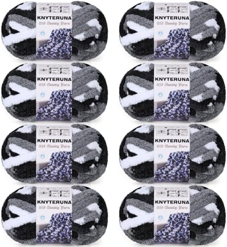 Chunky Yarn for Hand Knitting, #10 Chunky Blanket Chenille Yarn, Bulky Thick Jumbo Yarn, Super Chunky Knit Yarn for Crocheting, 8 Skein (8 oz 20 yds Each Skein), Tie Dye Black & Grey & White