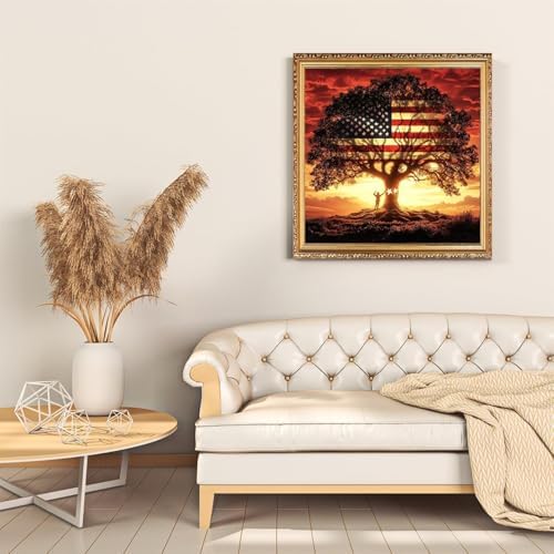 5D American Flag Diamond Painting Kits for Adults Beginners, DIY Full Round Drill Diamond Art Kits Patriotic Tree, Independence Day Gem Art Paint by Diamonds Dots Crafts Kits, Home Decor 12x12Inch