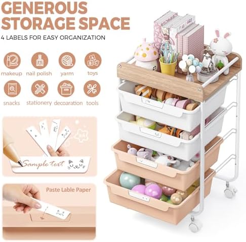 SYKIARIOL Rolling Storage Utility Cart with 4 Drawers,Art Cart,Pearl