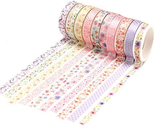 YUBBAEX 10 Rolls Sparkling Washi Tape Set 8mm Skinny Gold Foil Decorative Masking Washi Tapes for Journal,Scrapbook, Planner, DIY Crafts (Beautiful Flowers)
