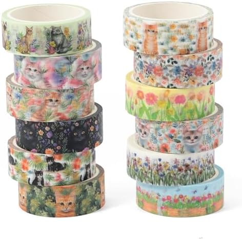 Spring Flower Washi Tape - 12 Roll Vibrant Cat Flower Scrapbook Washi Colored Painters Masking Decorative Adhesive Tape Set School Office Diy Craft Scrapbooking Journal Supplies Gift Wrapping