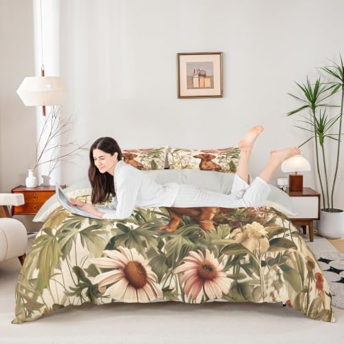 Erosebridal Dachshund Duvet Cover King Size Wildflowers Bedding Set for Adults Teens Women Animal Vintage Botanical Comforter Cover Watercolor Style Bedclothes Room Decor