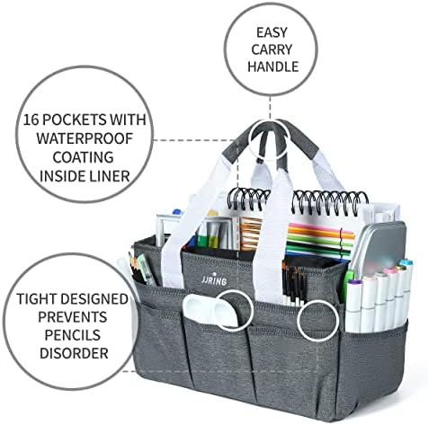 JJRING Craft Organizer Tote Bag Art Storage Caddy Grey | With Multiple Pockets For Sewing, Scrapbooking, School, Medical, And Office Supplies