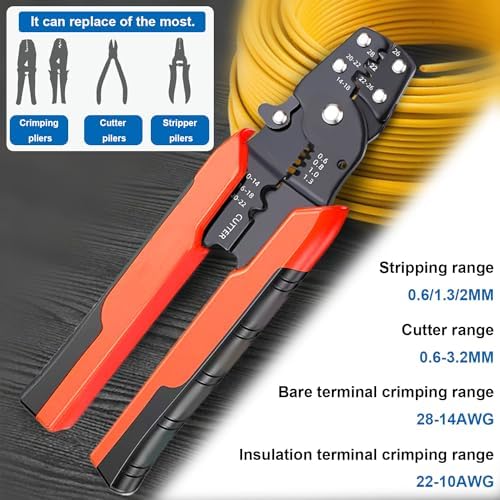 smseace Orange Wire Crimping tool Wire crimper,stripper and cutterfor insulated/Bare/Heat Shrink connectors(22-10 AWG) Multifunctional stripping crimping pliers Wire stripper and crimping tool