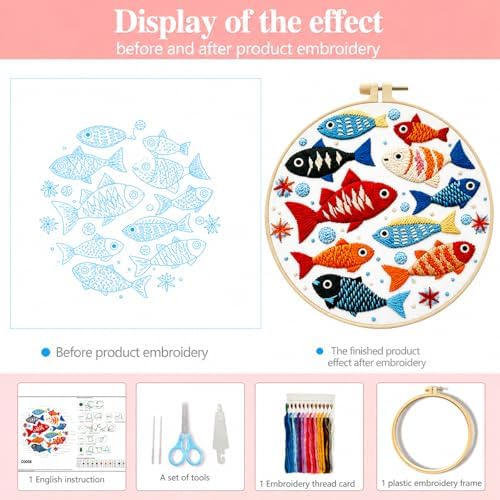 Zhenqing Colorful Fish Embroidery Kit for Beginners, Ocean Fish Needlework Craft, Pre-Printed Cotton Fabric with Hoop, Threads & Tools, 29x29cm (C0059)