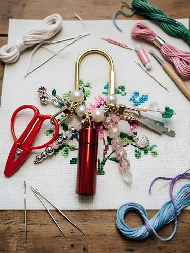 MEYAGO Needlepoint Bag Charm Tool Kit with Mini Embroidery Scissors, Needle Threader, Needle Holder Tube & Gold Keyring, Portable Embroidery Accessories for Cross Stitch Sewing DIY Crafts (Red)