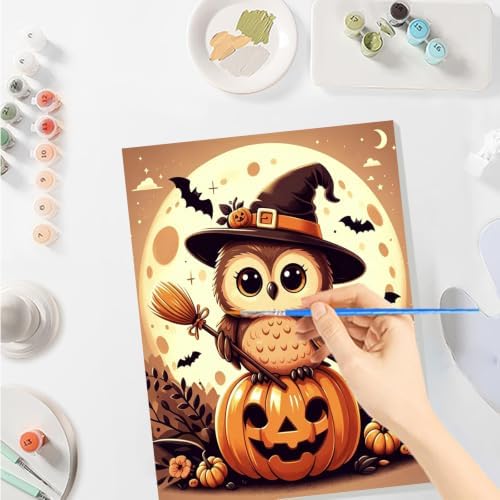 SENQAO Owl Paint by Numbers Kit for Adults Beginner, Halloween Adult Paint by Number Kits on Canvas, DIY Acrylic Oil Easy Painting by Numbers for Home Wall Decor 8X12 inch (Owl Pumpkin)