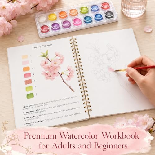Watercolor Workbook for Beginners, 15 Beautiful Flower Water Coloring Book, Includes 24 Water Colors Workbooks Paint Set, Relaxing Art Projects and Creative Gift for Adults & Teen