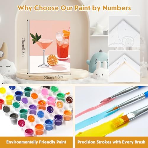 NEWENMO 4 Pack Paint by Numbers for Adults with Wooden Framed, Cocktail Kitchen, Paint by Number Kits on Canvas for Beginner, DIY Acrylic Oil Painting Kits for Home Decor 8x10 inch, Fruit Drink