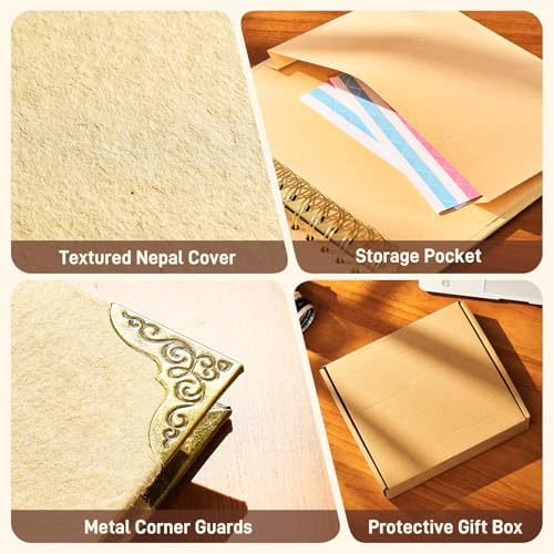 8x8 Scrapbook Album, Handmade Lokta Paper Cover, 40 Pages 250gsm Acid-Free Kraft Paper, DIY Memory Photo Album with Metal Corners & Inner Pocket for Wedding, Anniversary, Baby, Family