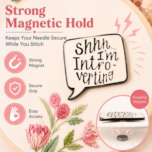 Needle Minder for Keeping Sewing & Embroidery Needles – Magnetic Needlepoint Holder, Cross Stitch Supplies – Secure & Decorative Needle Minders for Stitching & Crafting (Shhh... I'm Intro-vering)