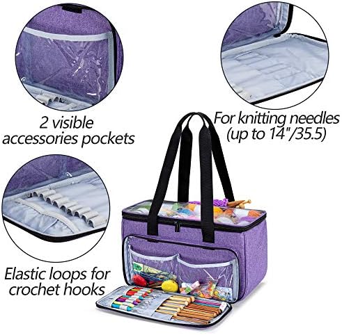 Yarwo Crochet Bag Knitting Organizer, Yarn Storage Tote with Multi-Pockets