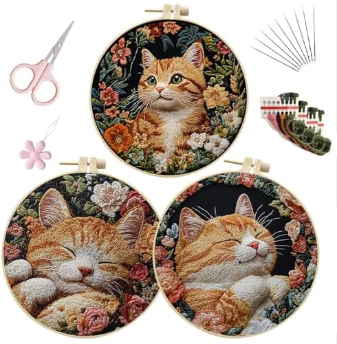 LB Orange Cat Embroidery Kit for Beginners Adults, 3 Sets Hand Embroidery Starter Kit with Floral Pattern and Instructions Stamped Cross Stitch Kits Include Embroidery Hoop Needles Threads Scissors