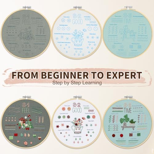 KintKita Embroidery Kit for Adults Beginners, 3 Stages to Learn 31 Basic Embroidery Stitches Practice Cross Stitch Kits for Beginners with Embroidery Patterns, Hoop,Threads,Tools