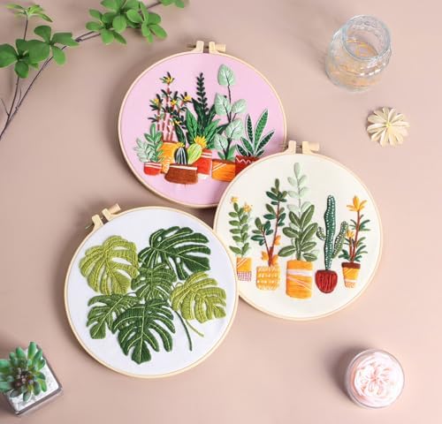Konrisa Embroidery Kits for Adults Beginner, European Style Garden Plant Green Leaf Stamped Embroidery Starter Kit,DIY Sewing Practice, Needlepoint Cross Stitch Kit,Set of 3