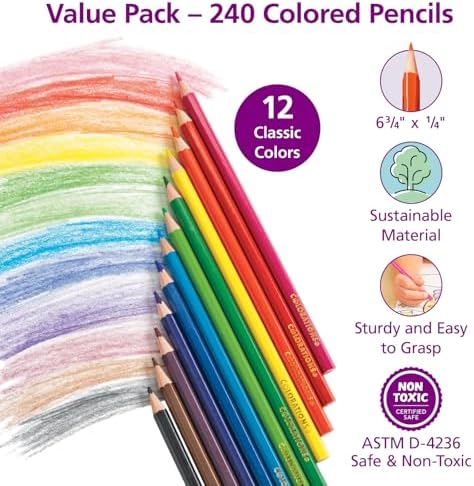 Colorations Color Pencils, Set of 240, Pre-Sharpened, 12 Colors, Thick Core