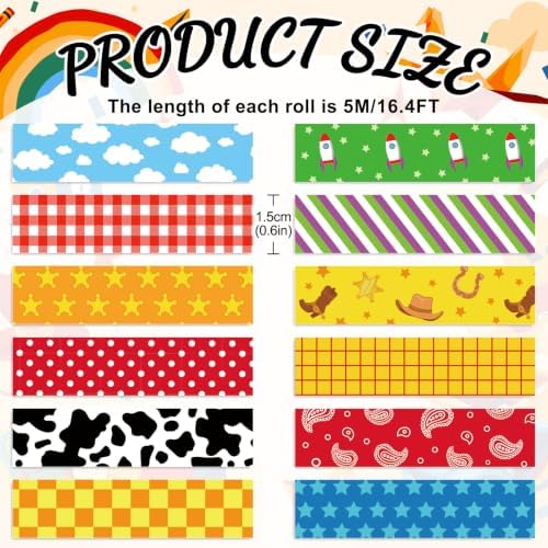 FYSUIMU 12 Rolls Cartoon Story Washi Tape Colorful Toy Themed Masking Tape Set Space Adventure Decorative Paper Tapes for Scrapbook Journal DIY Art Craft Supplies