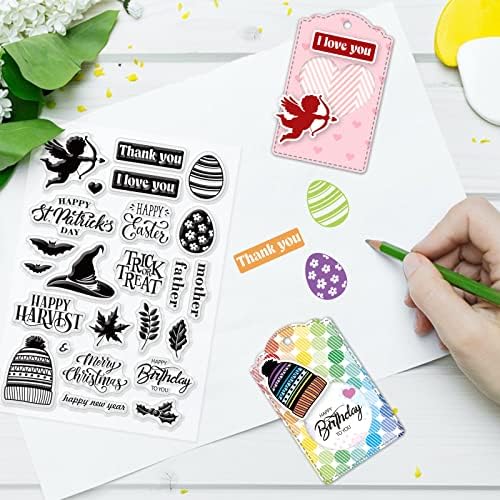 INFUNLY Merry Christmas Clear Stamps and Dies Sets for Card Making Tag Cutting Die Stencils for DIY Scrapbooking Happy New Year Transparent Rubber Clear Stamp for Holiday Gifts